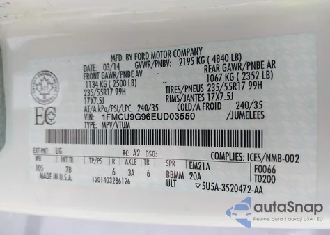 2014 Ford Escape Se из США, поврежденный, VIN 1FMCU9G96EUD03550